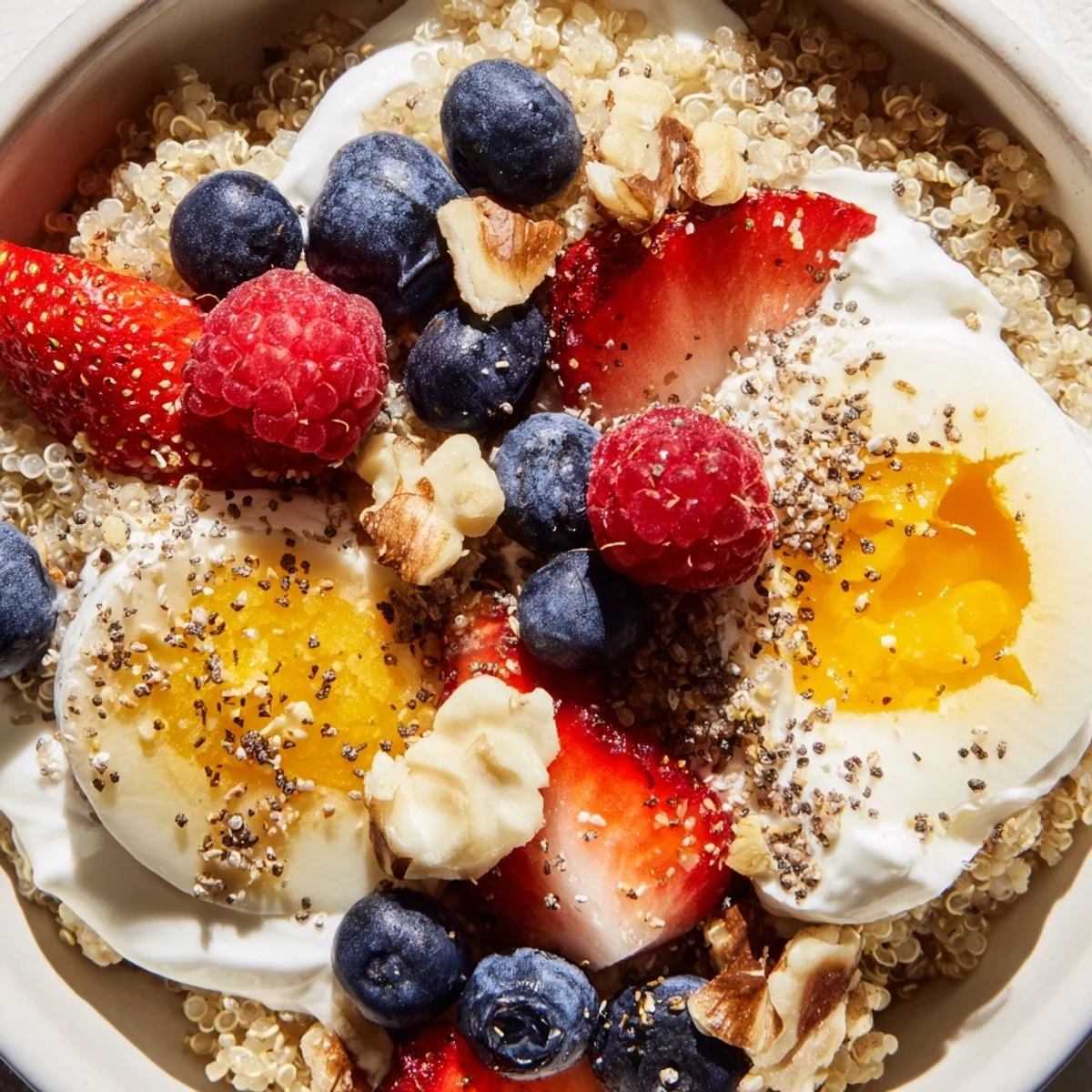 Healthy Dietitians Balanced Breakfast Bowl featuring chia seeds, mixed berries, and a sprinkle of cinnamon, ready to enjoy.