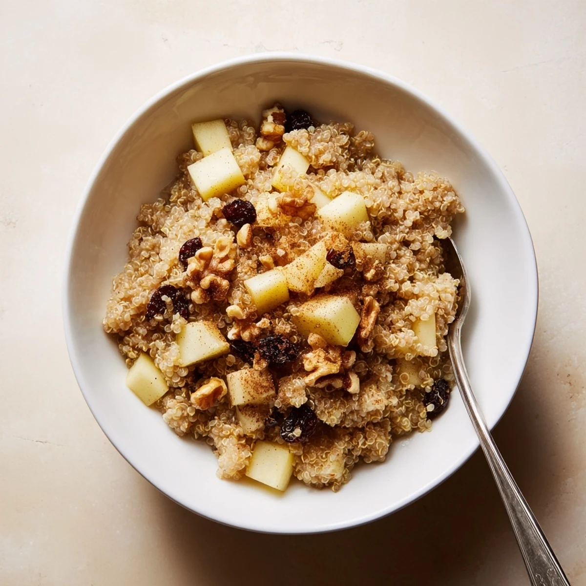 Healthy Quinoa Apple Breakfast served in a cozy bowl with diced apples, plump raisins, and a splash of milk.