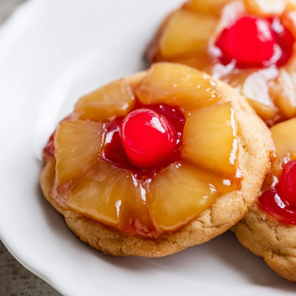 Golden caramelized pineapple and a bright red cherry sit atop a soft, round Pineapple Upside Down Sugar Cookie on a cooling rack.