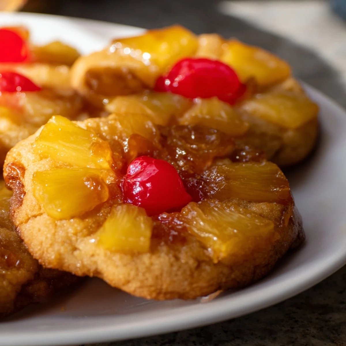 A close-up of a Pineapple Upside Down Sugar Cookie reveals a sticky brown sugar glaze pooling around juicy pineapple chunks.