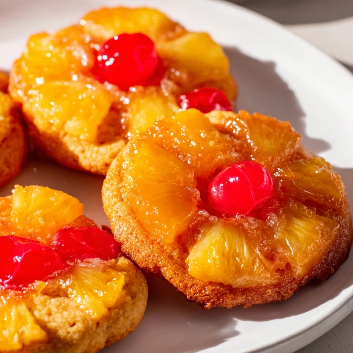 A serving of Pineapple Upside Down Sugar Cookie paired with a scoop of melting vanilla ice cream on a ceramic plate.