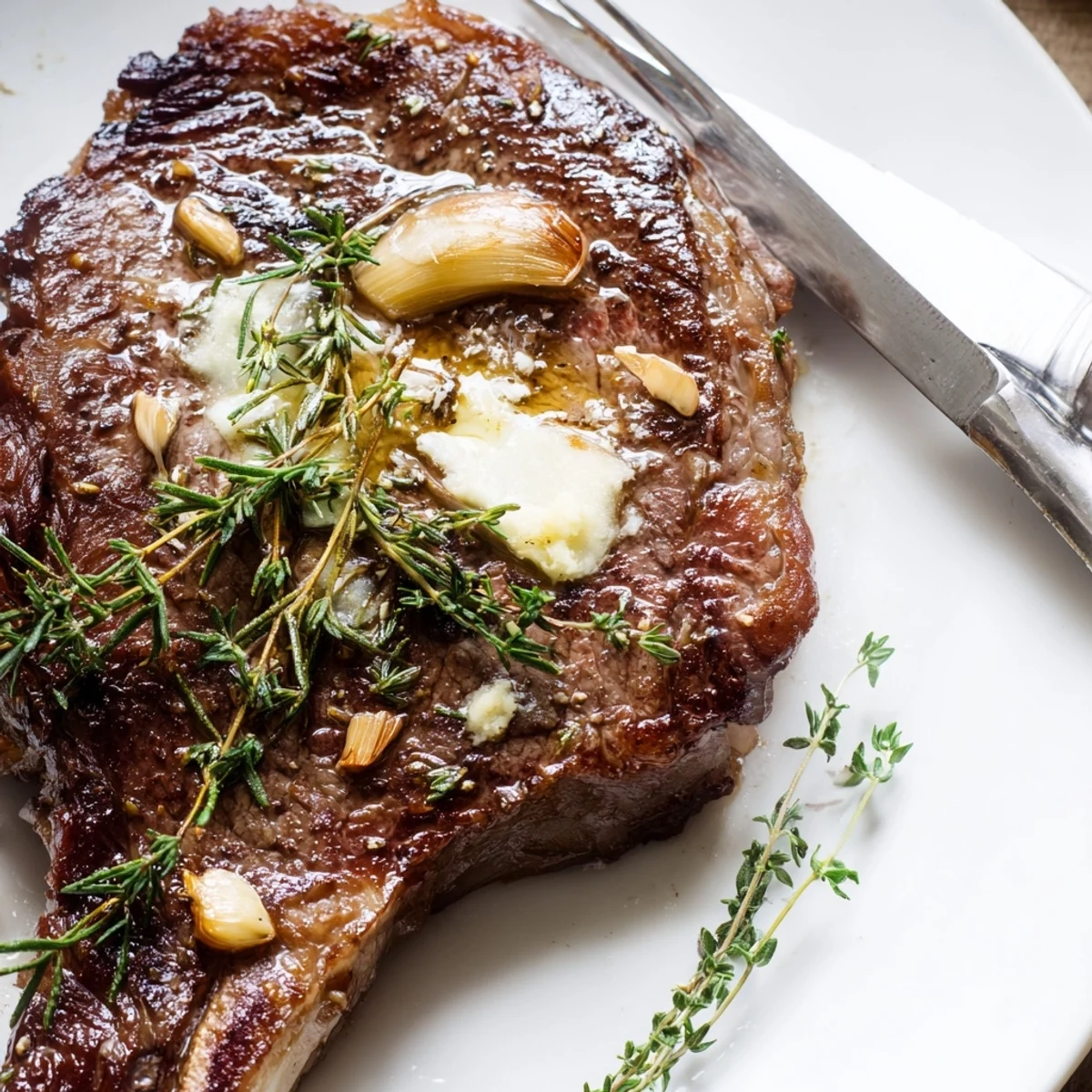 A juicy pan-seared ribeye steak with a golden crust, topped with melted garlic butter and fresh herbs.