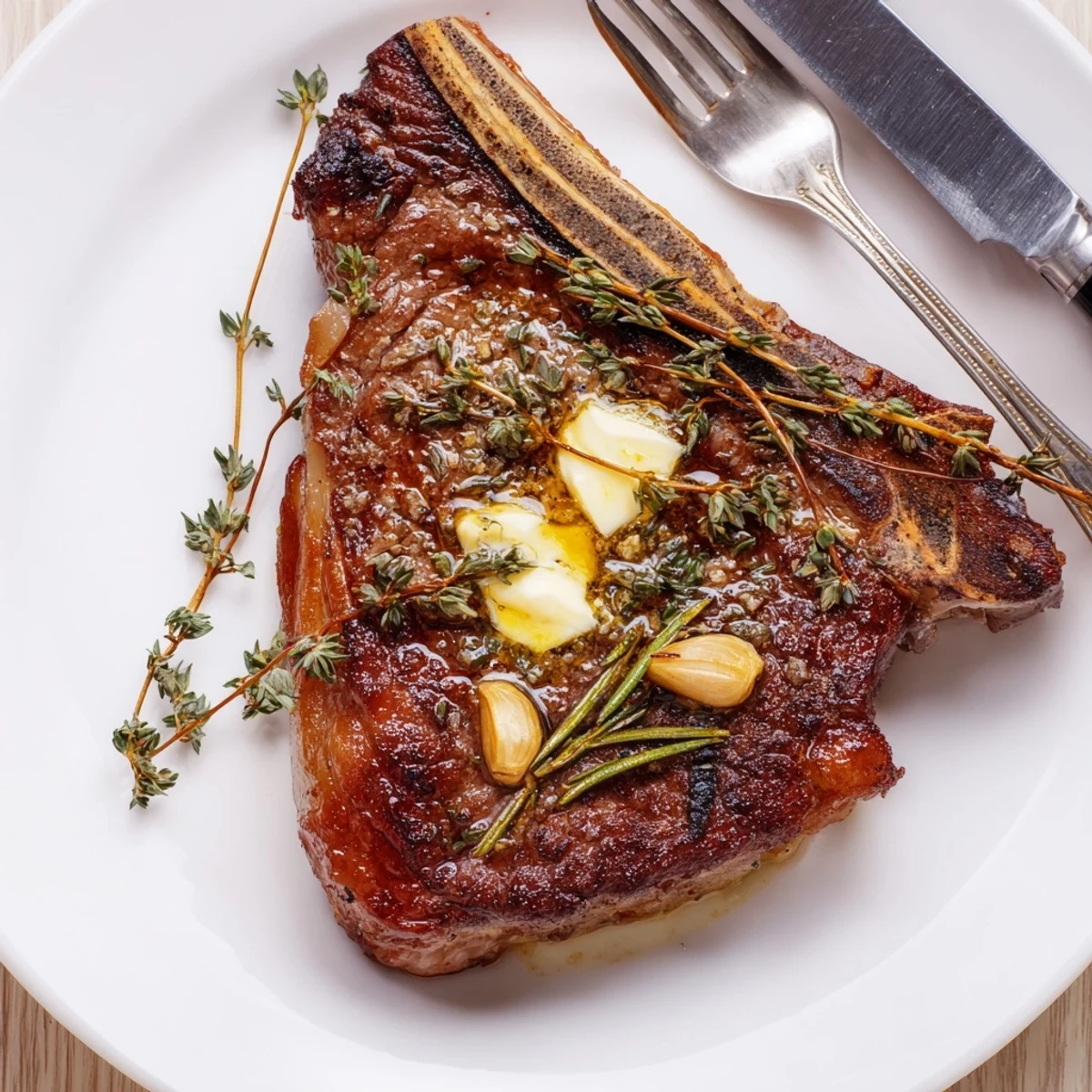Sliced pan-seared ribeye steak reveals a pink, tender center, drizzled with garlic herb butter for a savory meal.