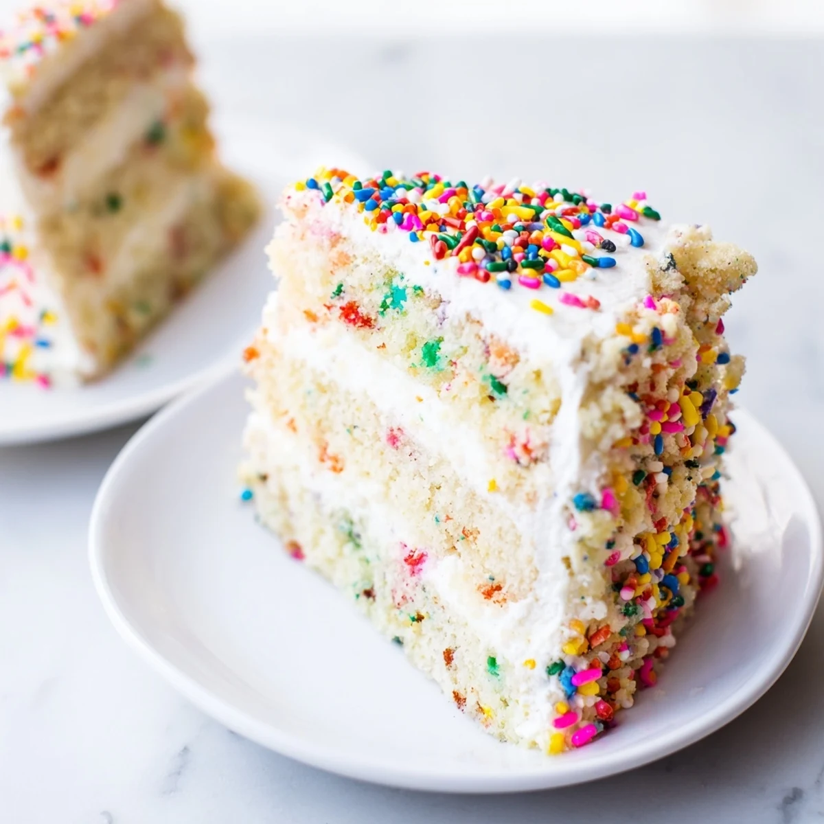 Freshly baked Milk Bar Birthday Cake with moist vanilla sponge layers, creamy frosting, and crunchy rainbow crumb on a plate.