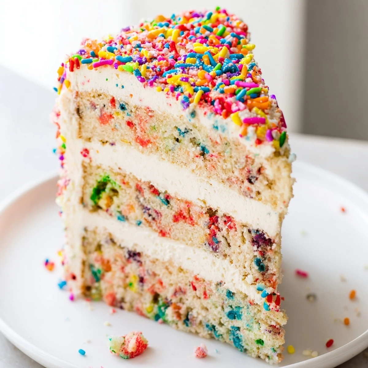 Frosted Milk Bar Birthday Cake on a cake stand, layers visible with crunchy crumb and rainbow sprinkles for celebration.