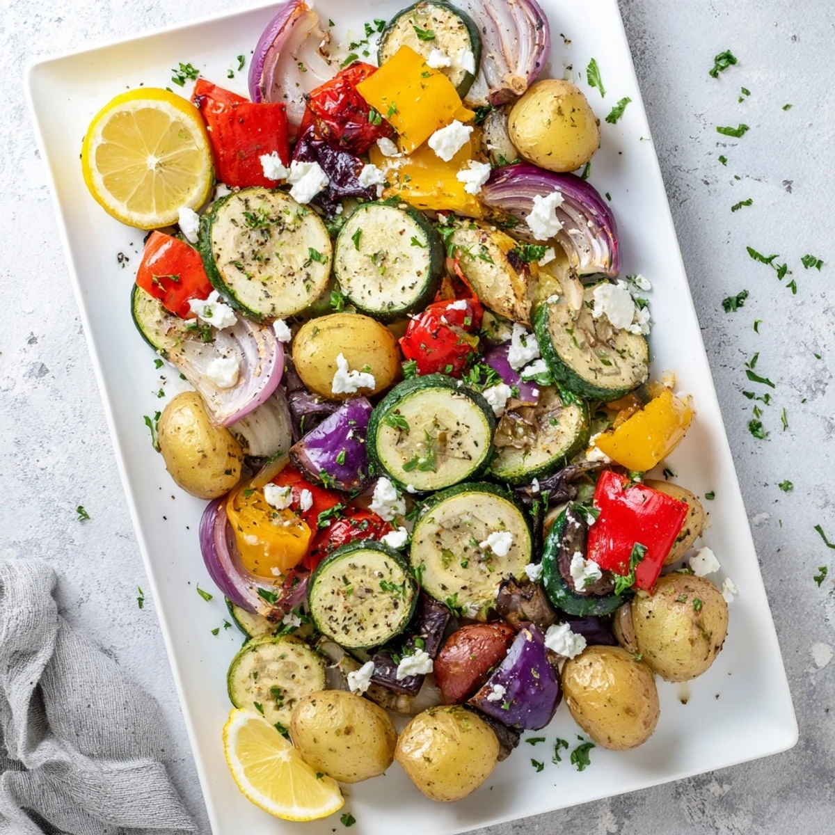 A close-up of One Pan Greek Vegetables glistening with olive oil, fresh herbs, and crumbled feta on a baking sheet.