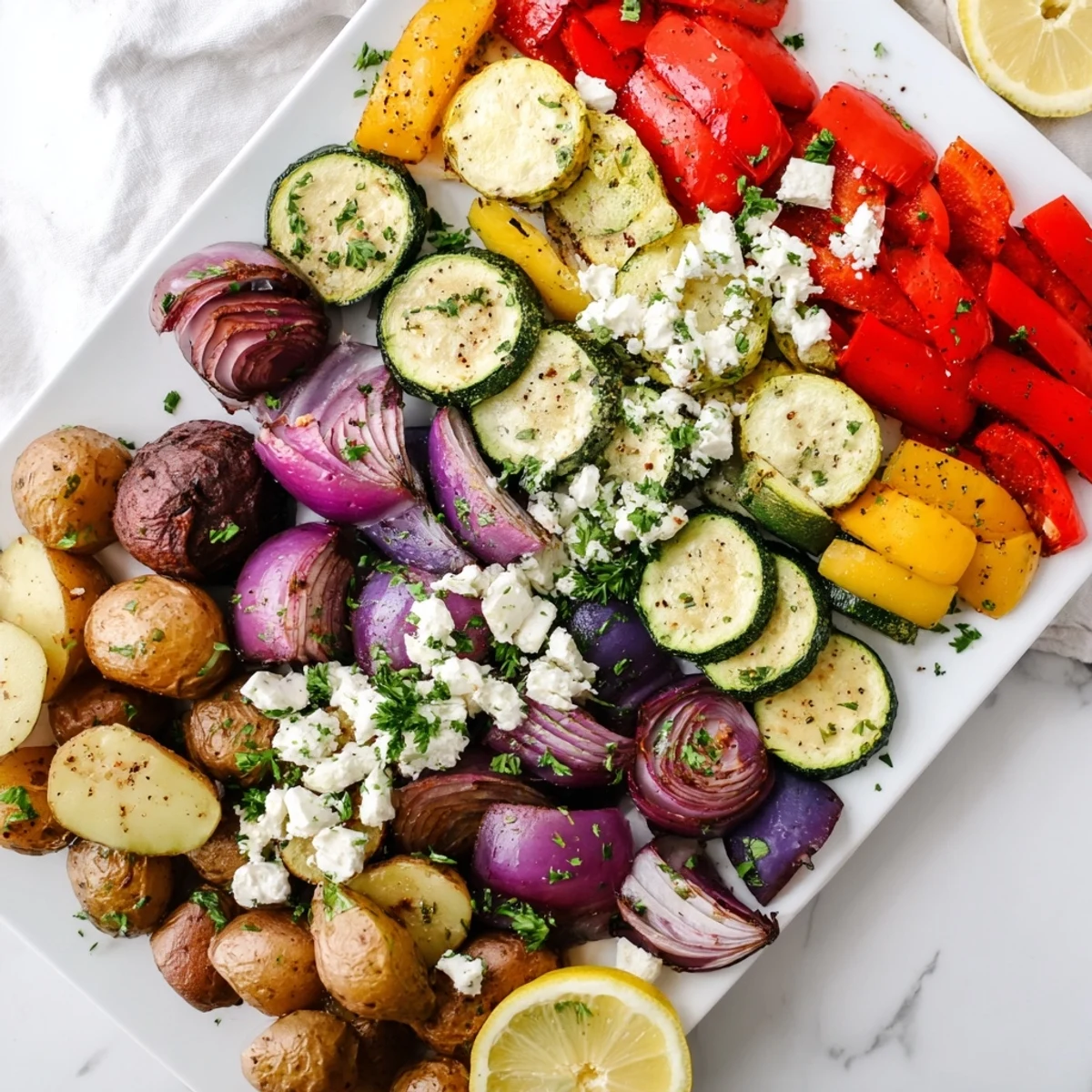 Freshly roasted One Pan Greek Vegetables with aromatic garlic, oregano, and lemon zest on a rustic wooden table.