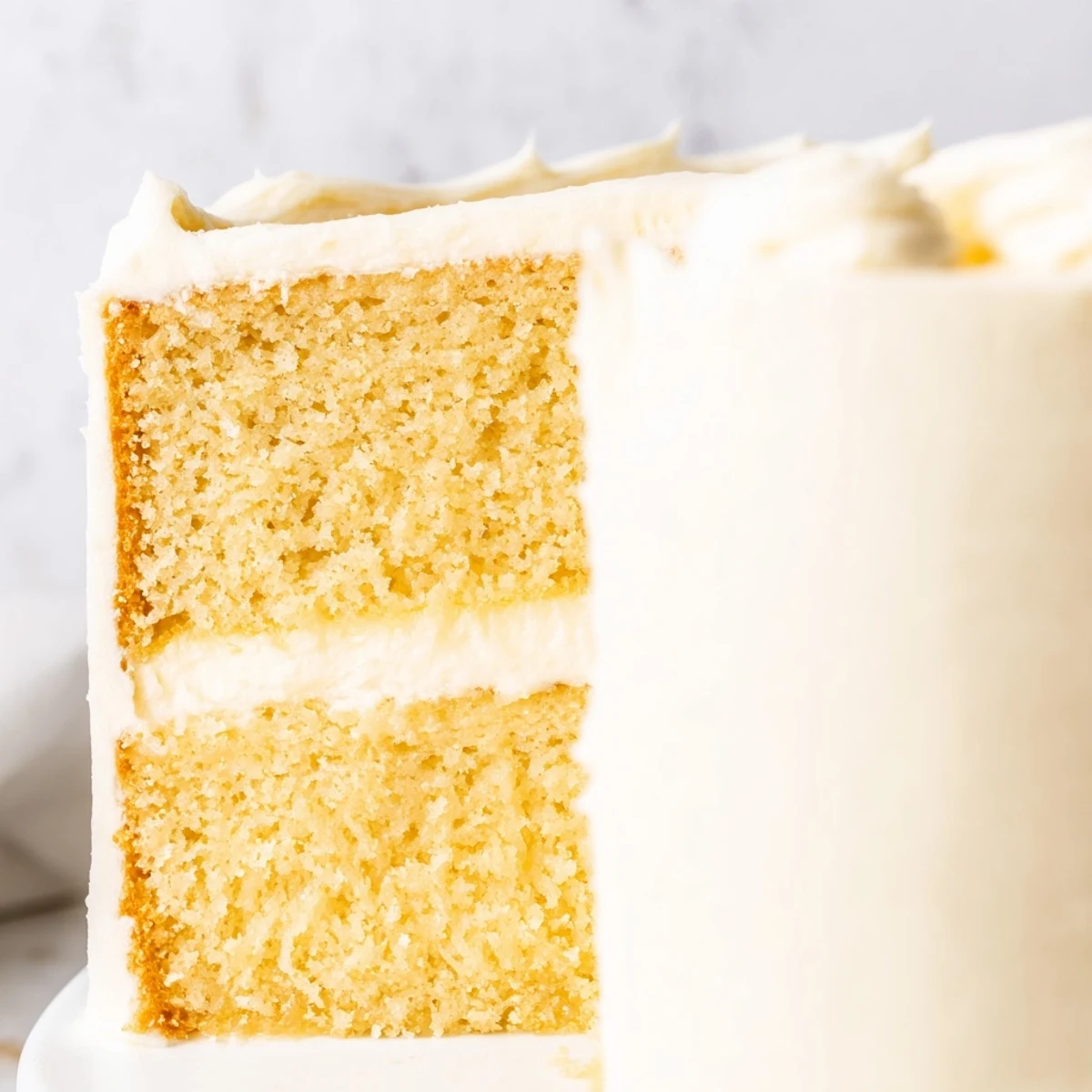 Freshly baked Perfect Vanilla Cake with creamy buttercream frosting on a rustic wooden table, perfect for birthdays.