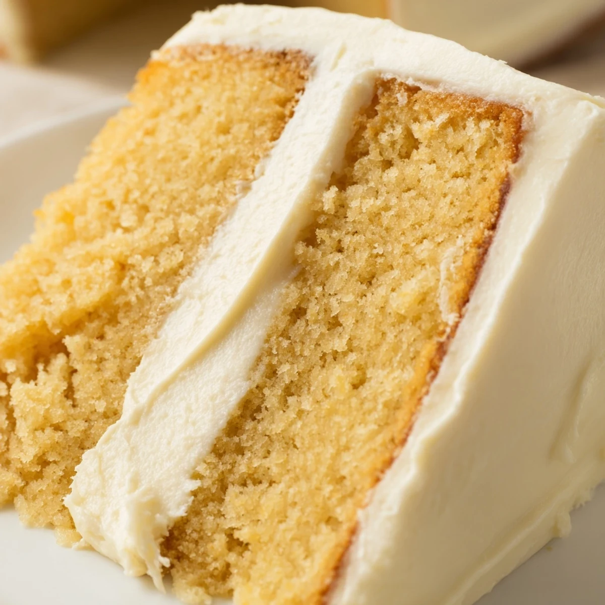 A slice of moist Perfect Vanilla Cake shows tender crumb and smooth vanilla buttercream, served on a white plate.