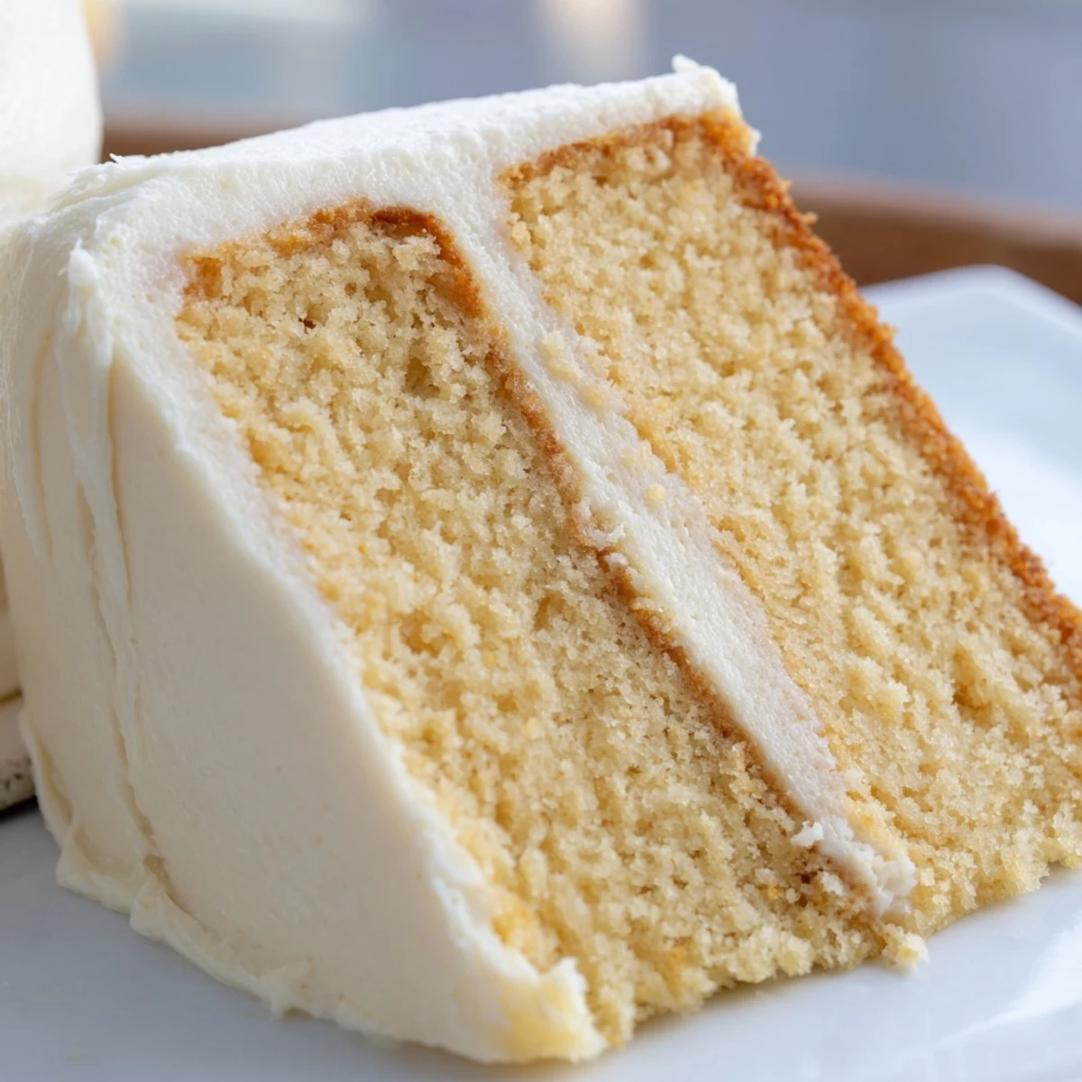 Perfect Vanilla Cake layers stacked high with fluffy buttercream, ready to be enjoyed with a glass of cold milk.