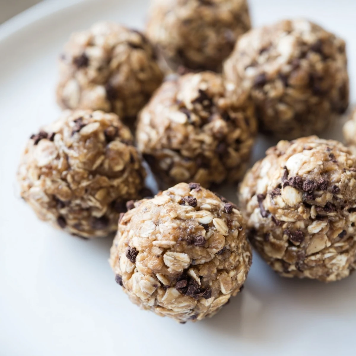 Frosted green Mint Chocolate Chip Protein Balls on a white plate, with rolled oats and chocolate chips scattered nearby.  