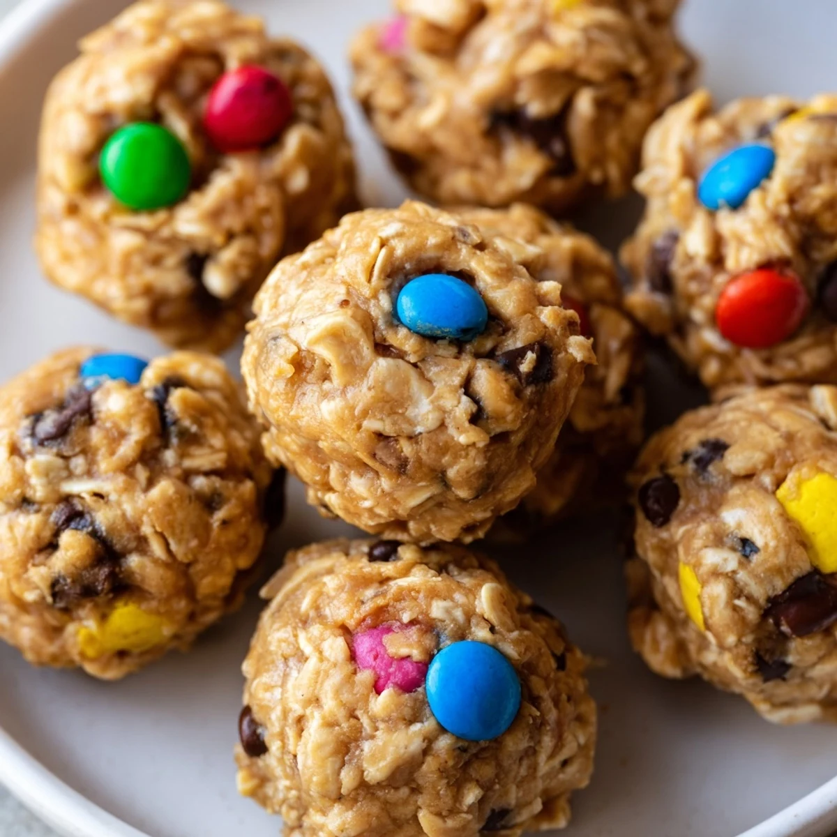 Freshly rolled Monster Cookie Protein Balls rest on a baking sheet, showcasing oats, chocolate chips, and colorful candy-coated chocolates.