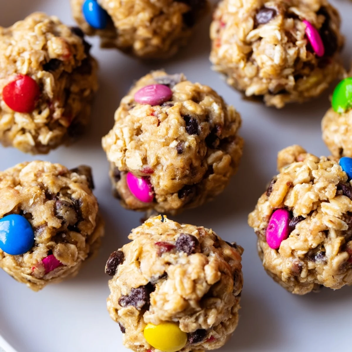 Close-up of Monster Cookie Protein Balls revealing rich peanut butter texture and vibrant candy-coated chocolates mixed with oats.