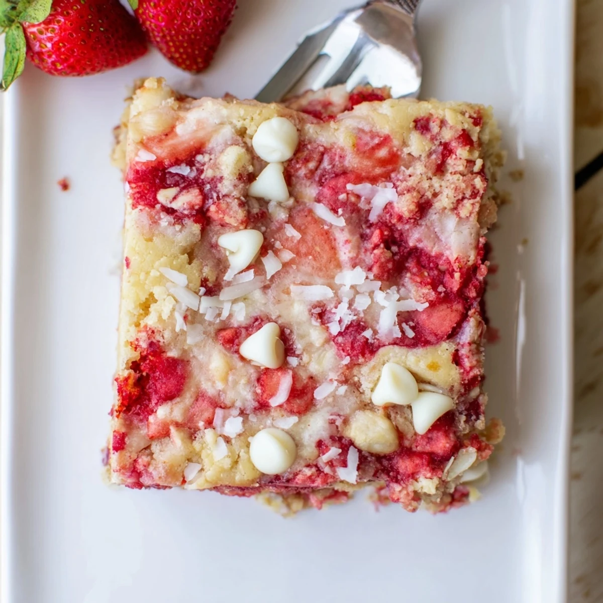 Freshly baked Strawberry Earthquake Cake with molten cheesecake swirls and diced strawberries in a 9x13 pan.