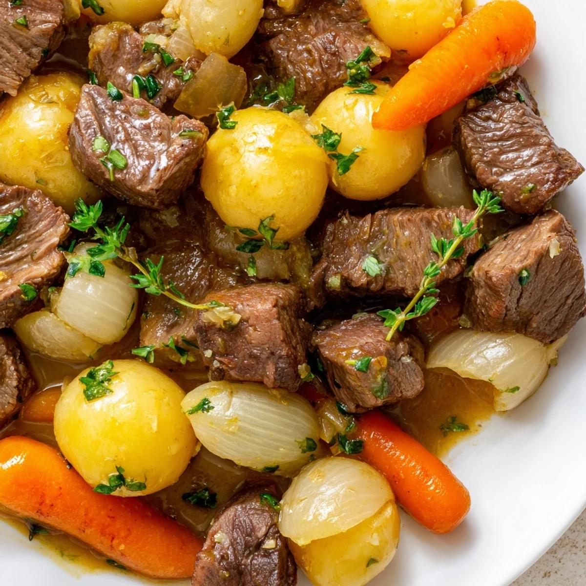 A photo shows Slow Cooker Garlic Butter Beef with Potatoes, the tender beef cubes glistening with herby garlic butter alongside halved baby potatoes in a slow cooker.