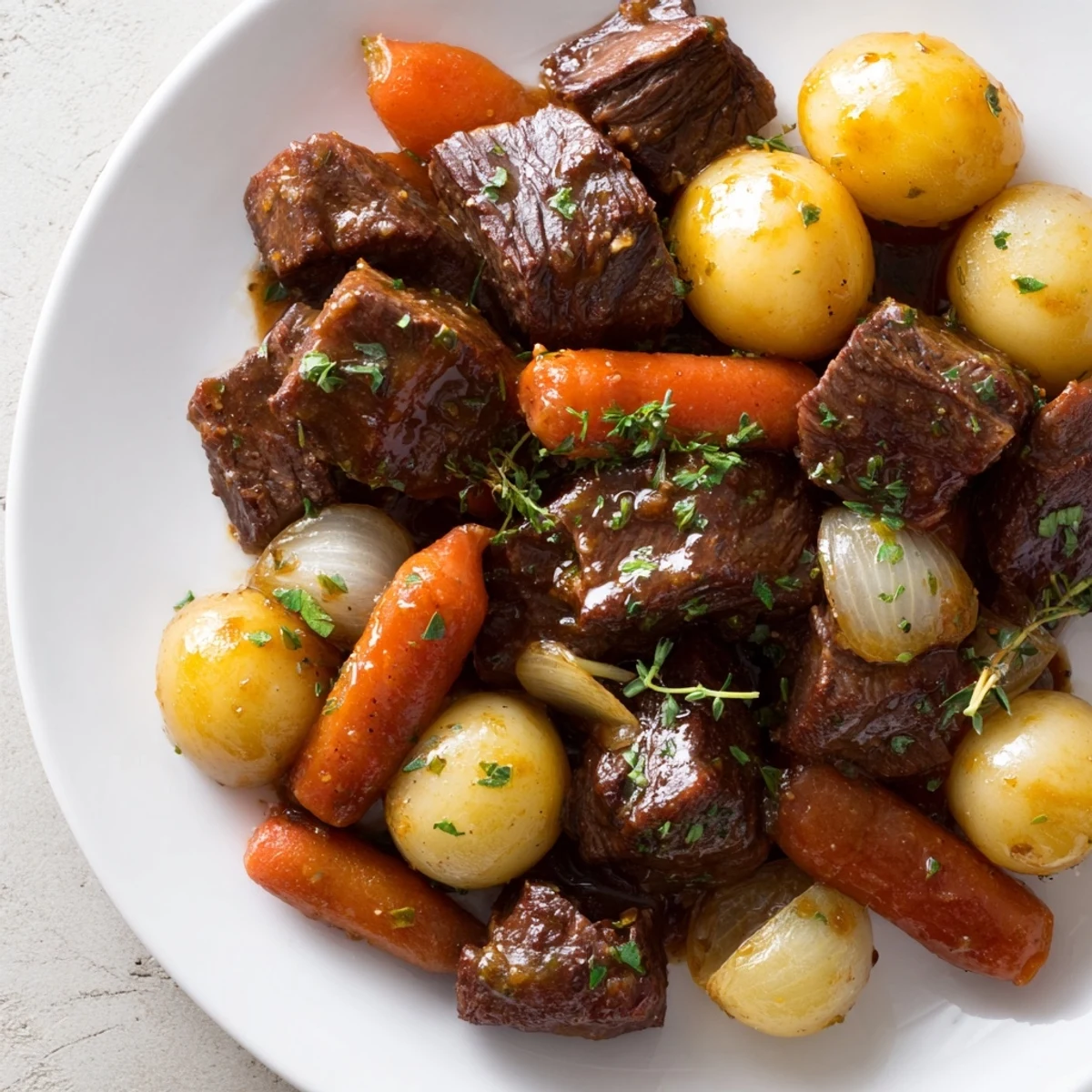 The Slow Cooker Garlic Butter Beef with Potatoes dish looks cozy, with buttery garlic sauce pooling around the vegetables in the slow cooker insert.