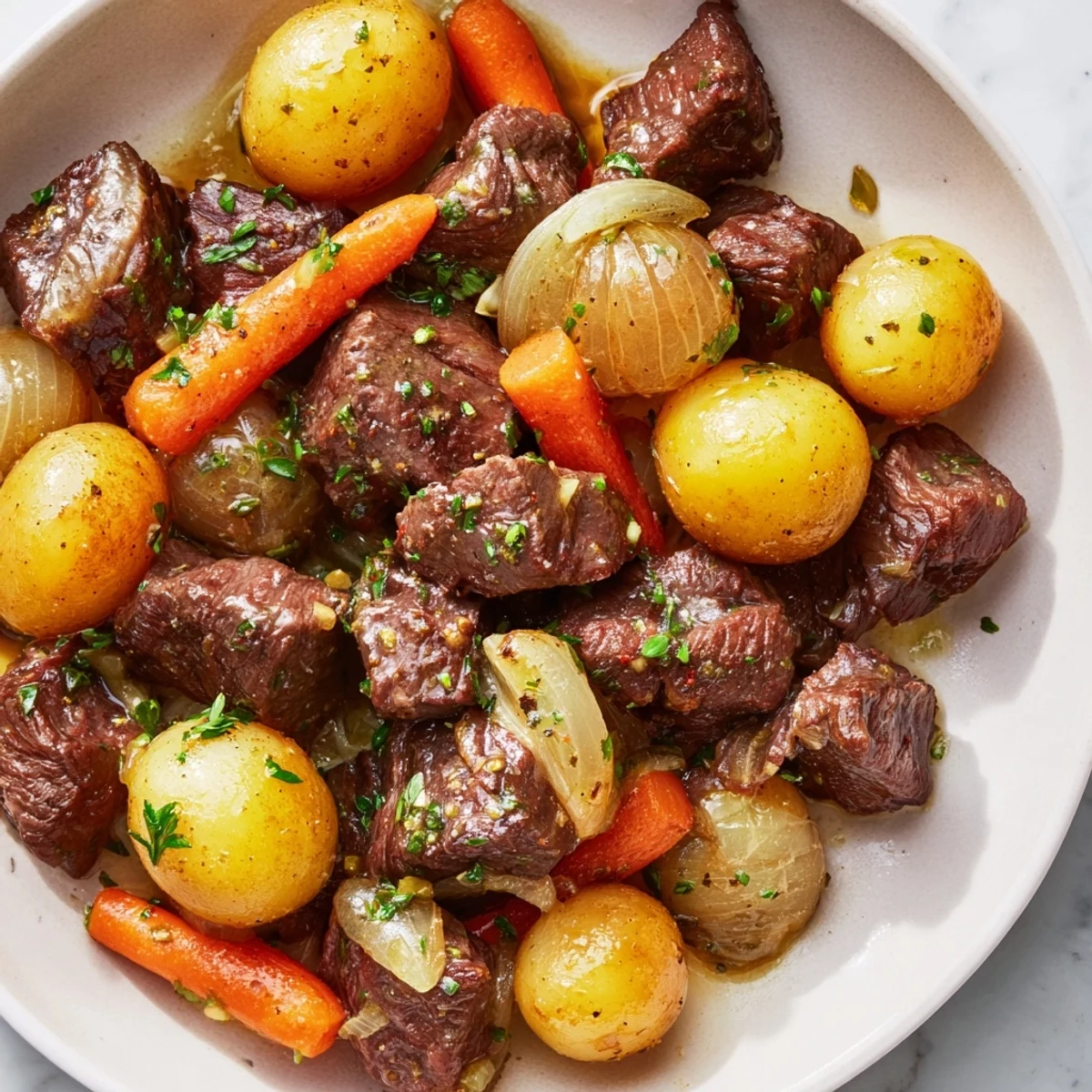 In this image, Slow Cooker Garlic Butter Beef with Potatoes features fork-tender beef and soft potatoes, garnished with fresh parsley and ready to serve.