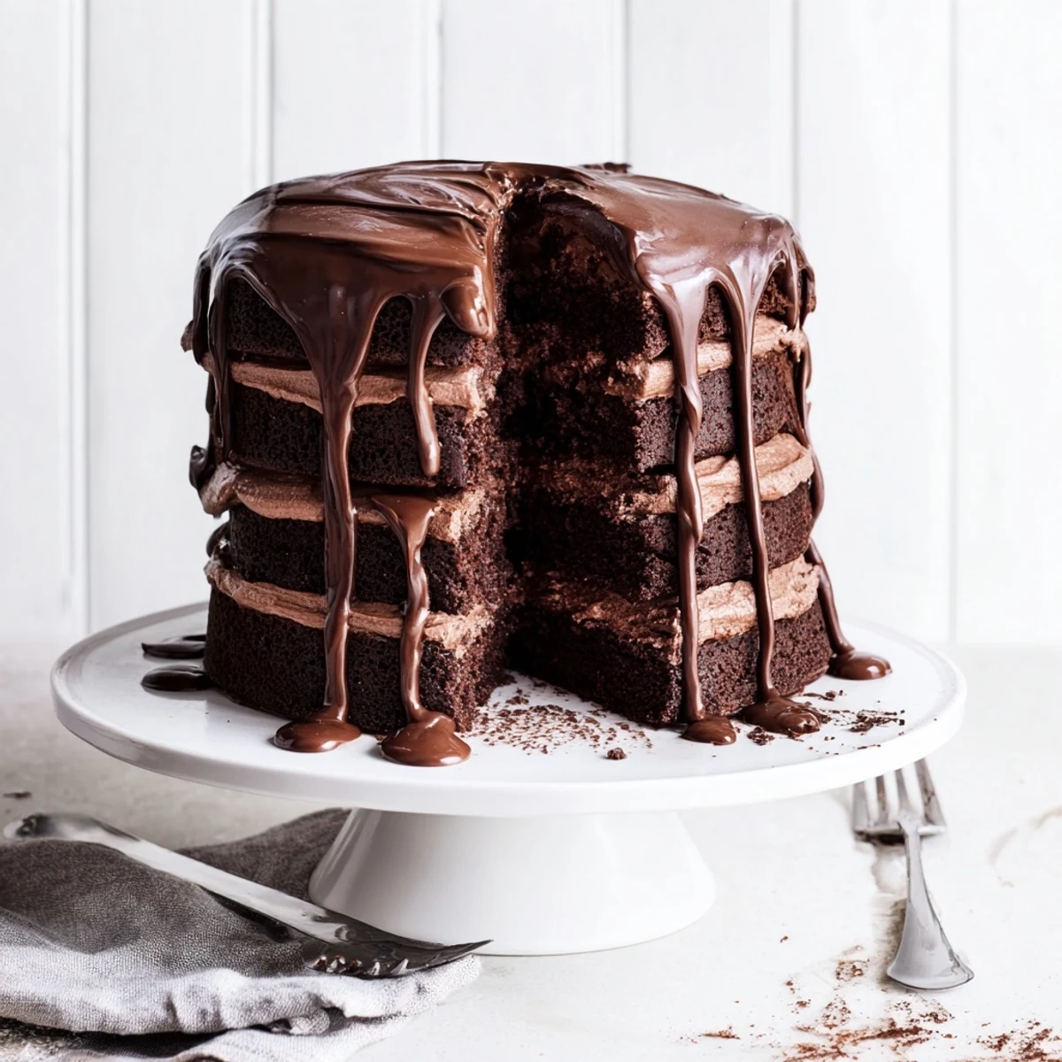 Freshly baked Triple Matilda Chocolate Cake layers stacked high with glossy ganache dripping down the sides.