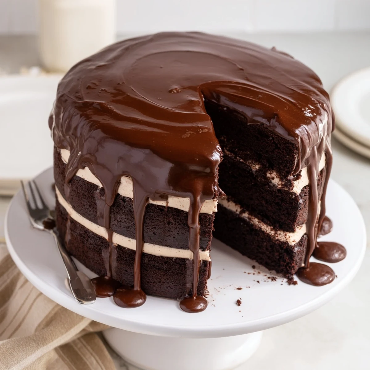 Triple Matilda Chocolate Cake served on a plate with a glass of milk for dessert.