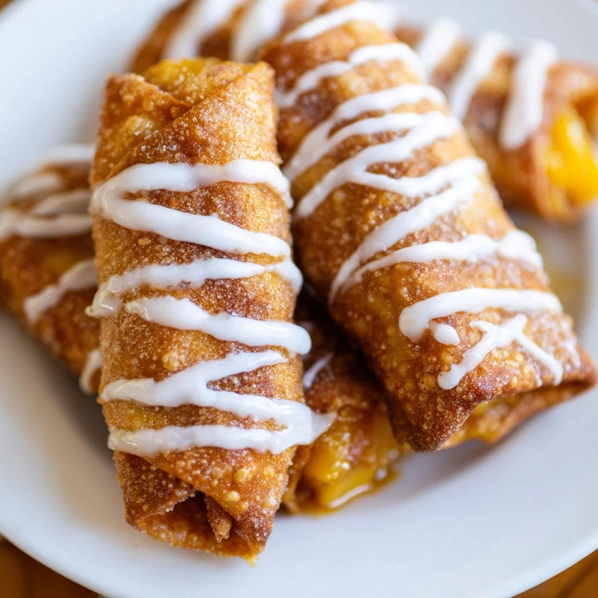 Twelve Peach Cobbler Egg Rolls line a platter with fresh peach slices and a small bowl of glaze for dipping.