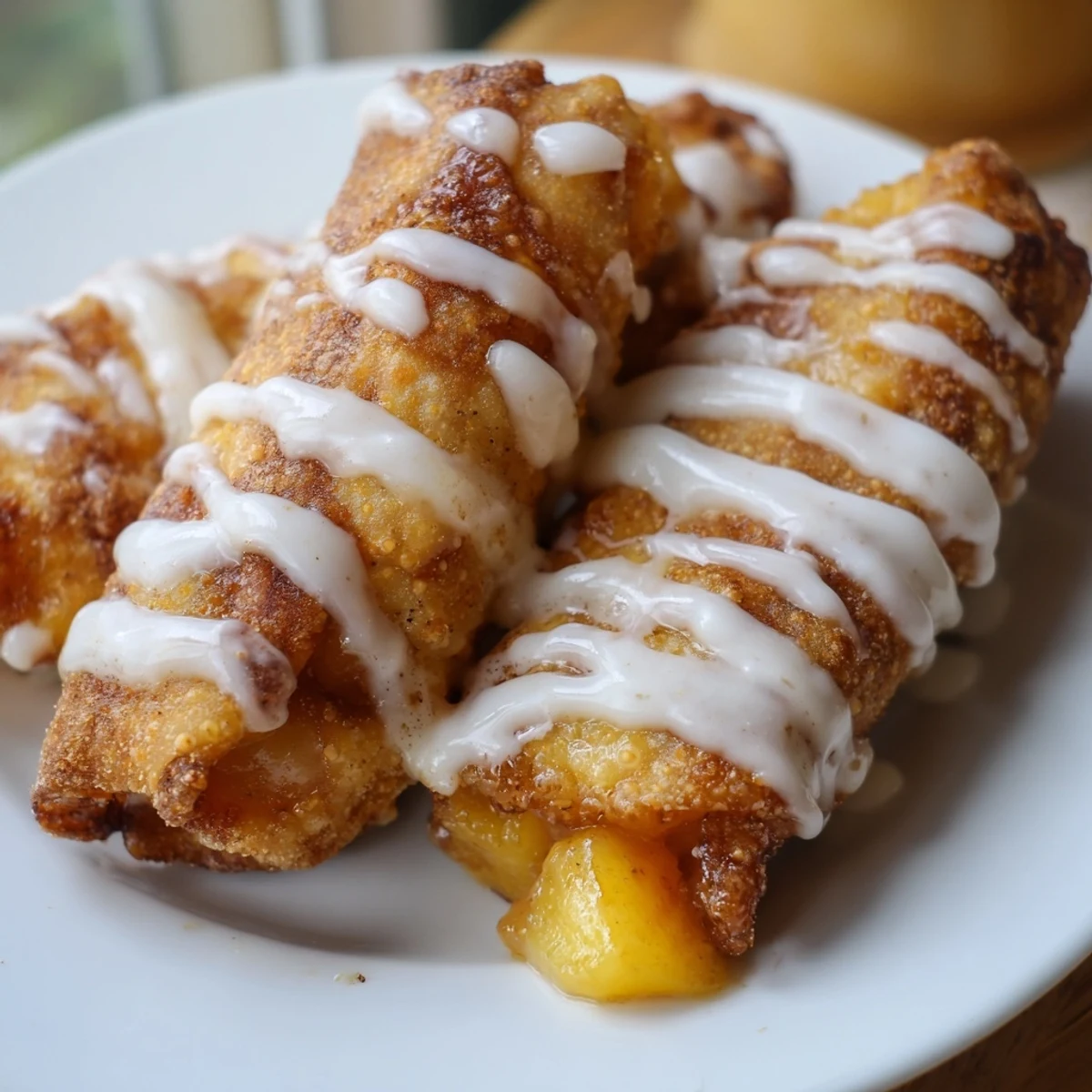 Peach Cobbler Egg Rolls rest on a cooling rack, steam rising from the golden filling scented with nutmeg and lemon.