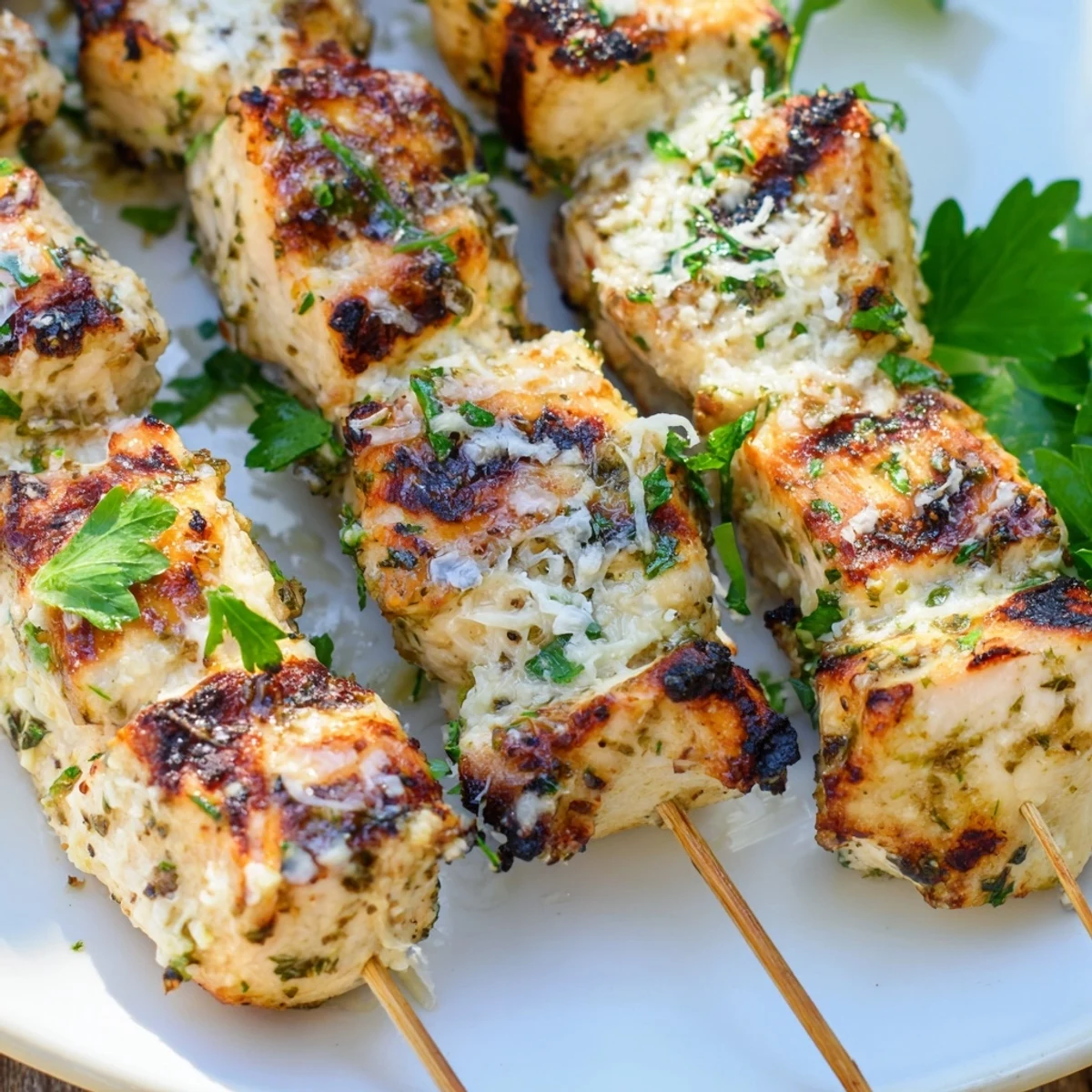 Grilled Ranch Garlic Parmesan Chicken Skewers sizzling with melted cheese and fresh parsley on a plate.