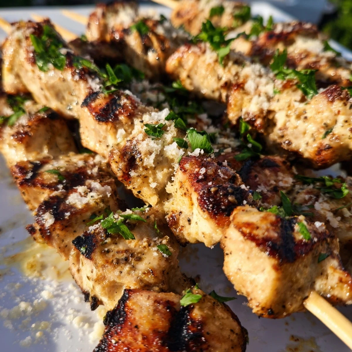 Golden-brown Ranch Garlic Parmesan Chicken Skewers served over rice with a creamy dipping sauce.