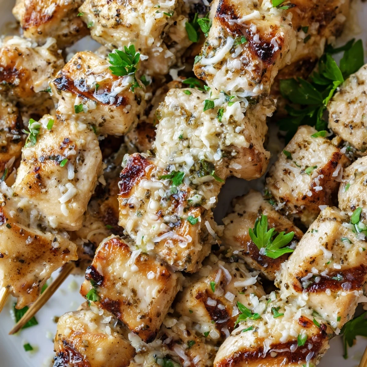 Close-up of juicy Ranch Garlic Parmesan Chicken Skewers with char marks and a sprinkle of Parmesan.