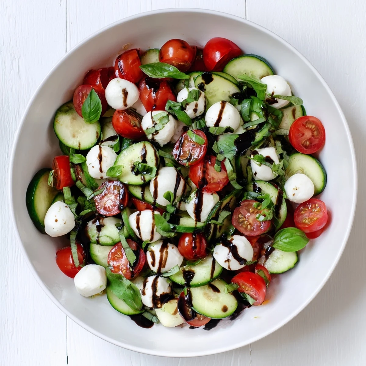 Fresh, halved cherry tomatoes and mozzarella balls on crisp cucumber slices in Juicy Cucumber Caprese Salad with balsamic drizzle.  