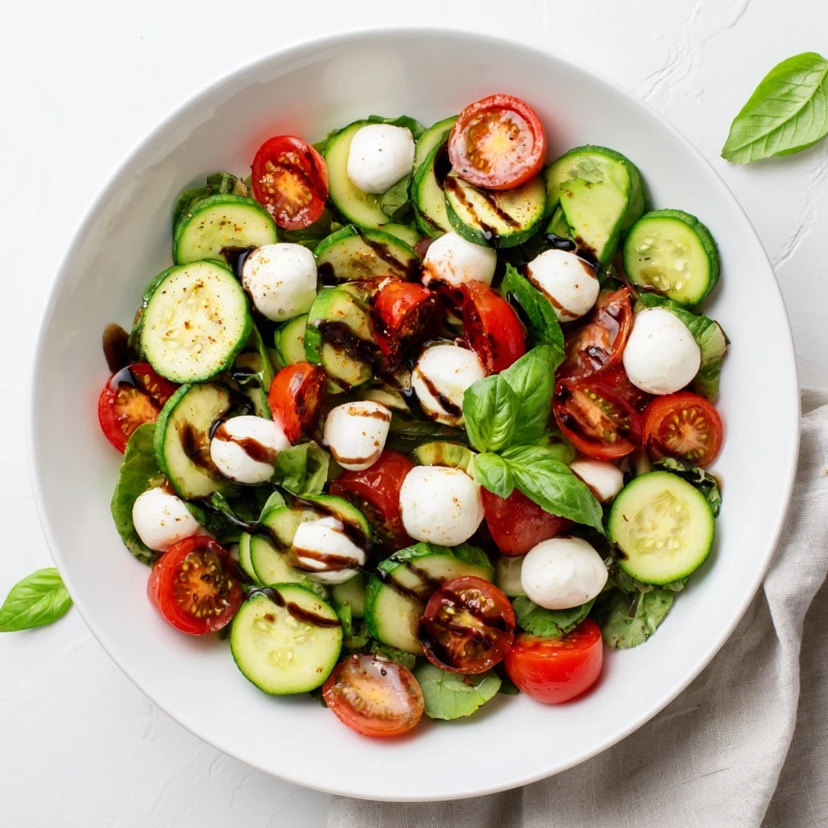 Juicy Cucumber Caprese Salad in a white bowl, glossy balsamic glaze and torn basil adding vibrant Italian-inspired freshness.  