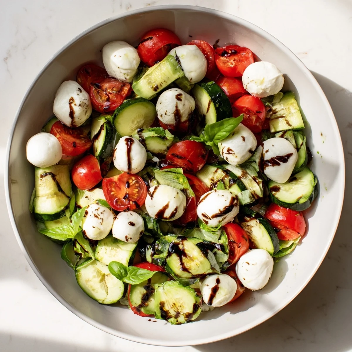 Served chilled, Juicy Cucumber Caprese Salad with crunchy cucumbers, juicy tomatoes, and creamy mozzarella drizzled in tangy glaze.