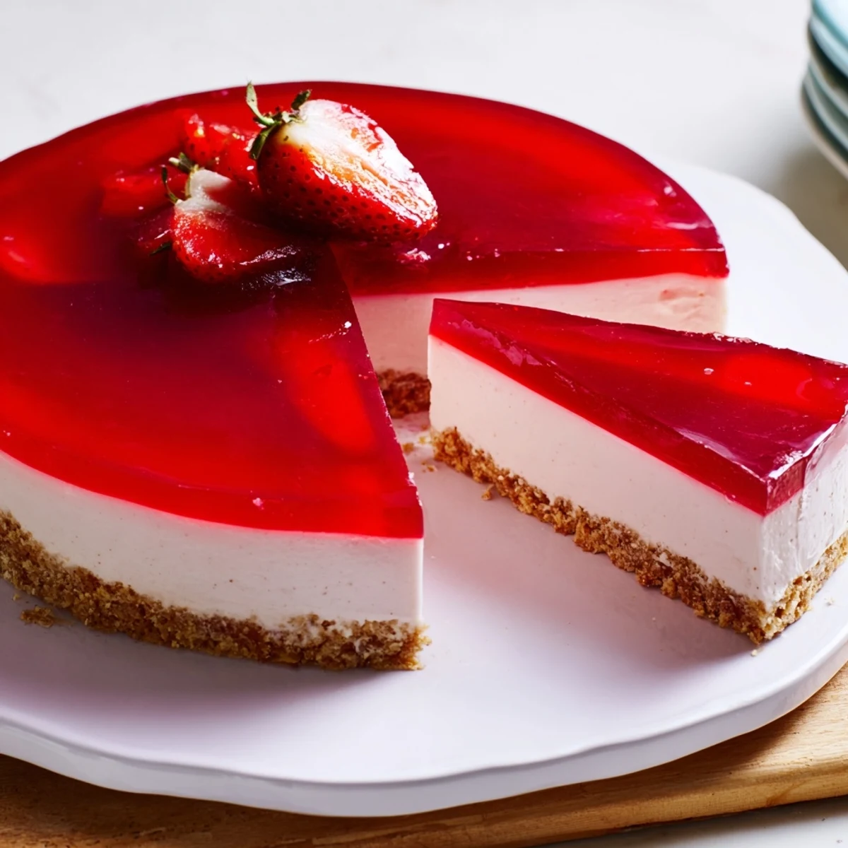 No bake Greek yogurt jello cheesecake sliced into neat wedges with a soft, tangy filling and shimmering top