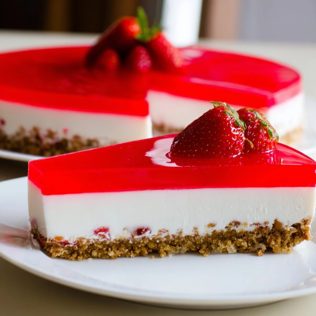 Creamy no bake Greek yogurt jello cheesecake with a buttery graham cracker crust and bright berry garnish