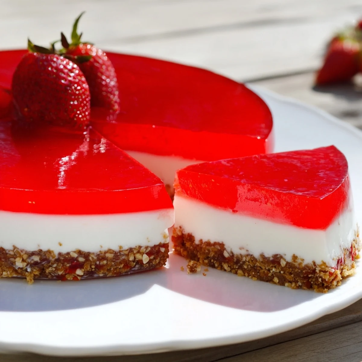 Homemade no bake Greek yogurt jello cheesecake served chilled on a plate with fresh fruit and a spoon