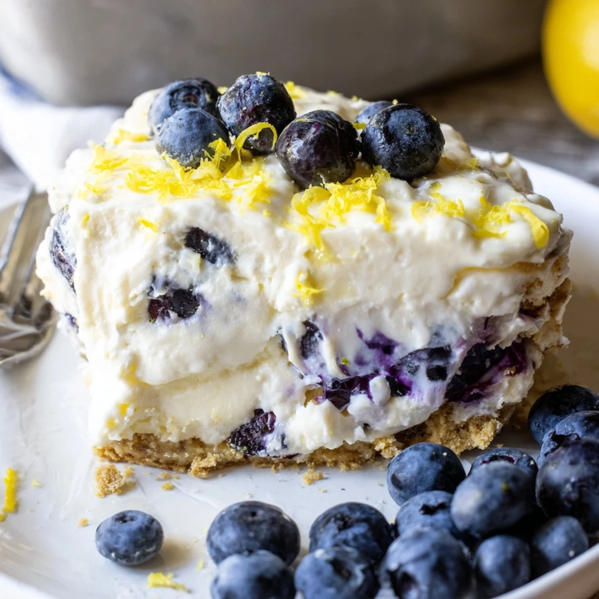 Slice of No Bake Lemon Blueberry Cream Cake showing a creamy filling and fresh berries on a graham crust.