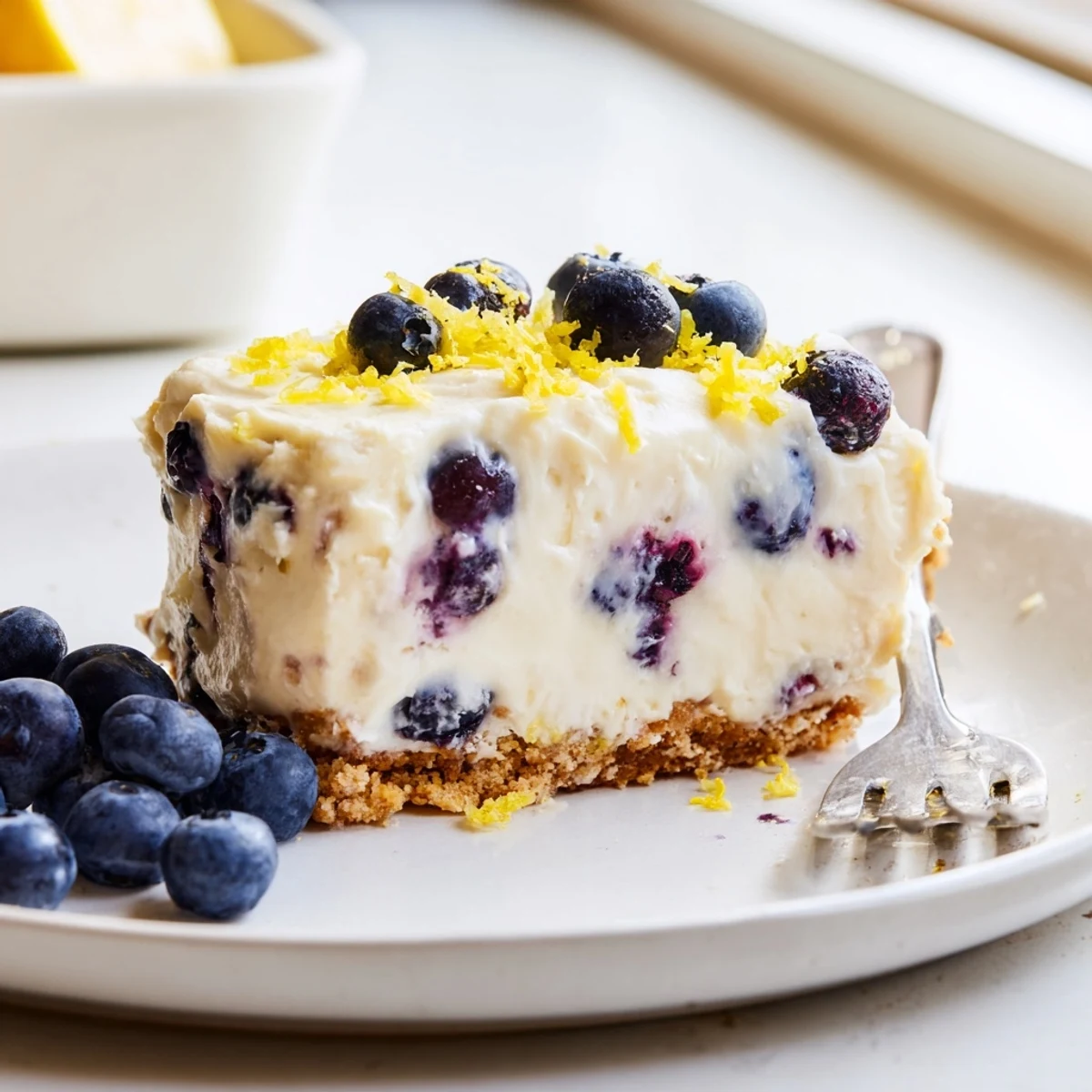 Chilled No Bake Lemon Blueberry Cream Cake slice revealing layers of crust and blueberries for summer gatherings.