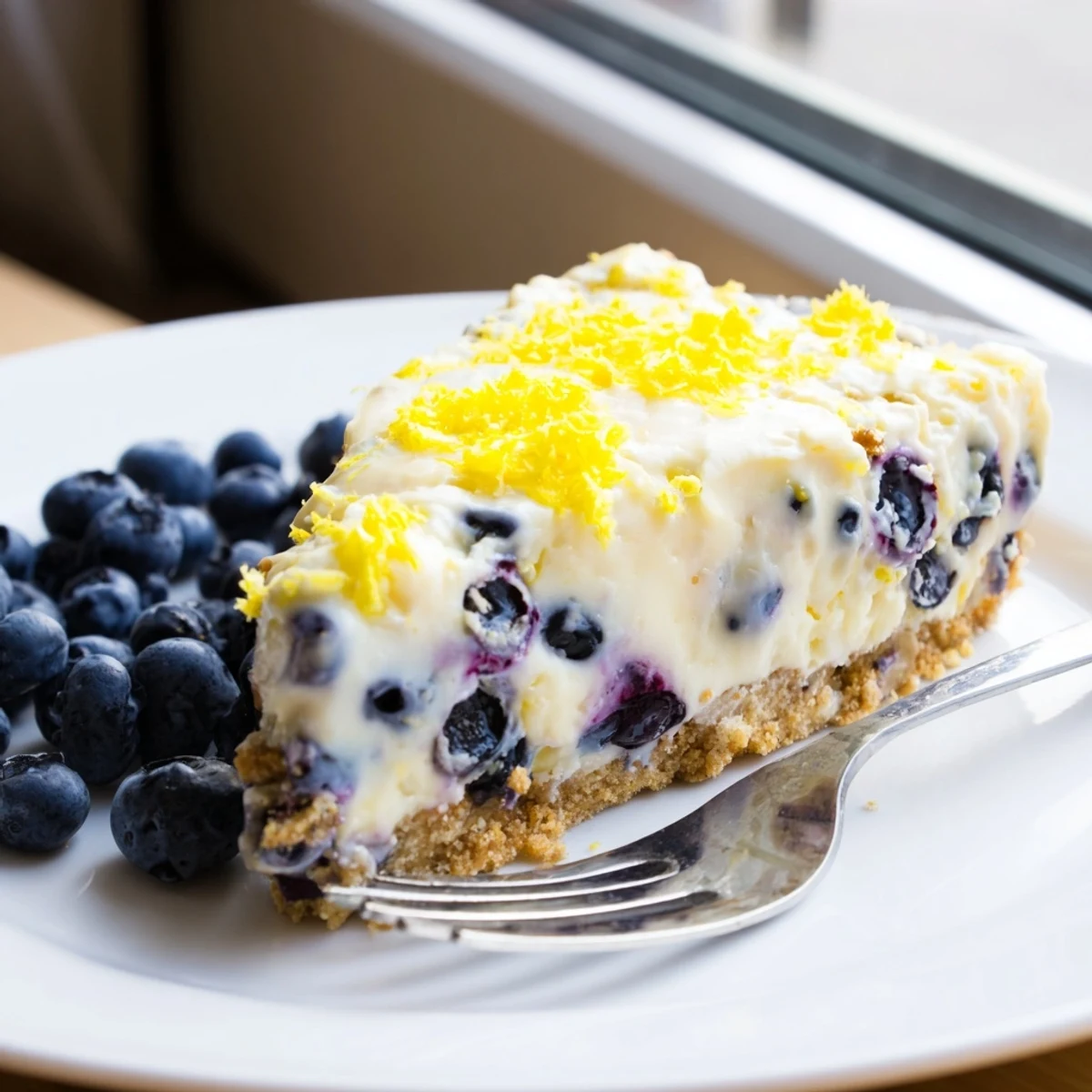 No Bake Lemon Blueberry Cream Cake served on a plate with lemon zest and whipped cream topping.