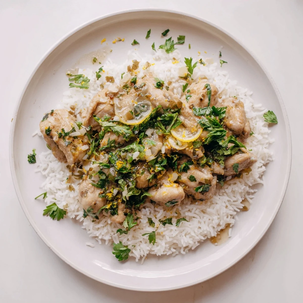 Tender Slow Cooker Lemon Herb Chicken With Fluffy Rice served steaming in a white dish with parsley garnish