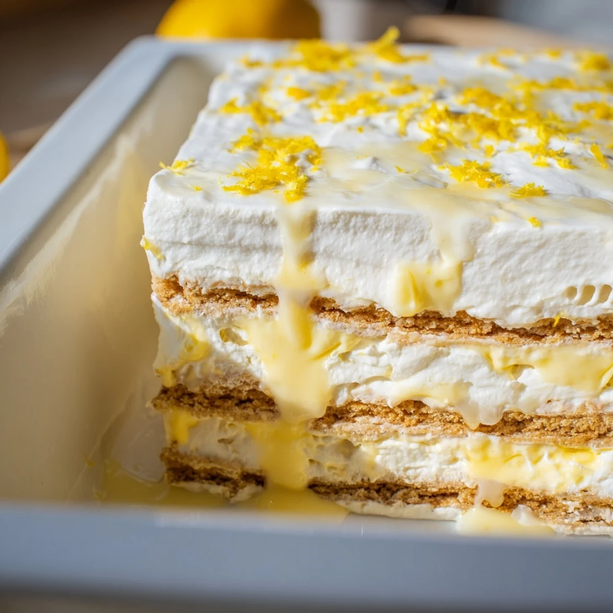 Creamy No Bake Lemon Eclair Cake layers graham crackers, lemon pudding, and fresh lemon zest.