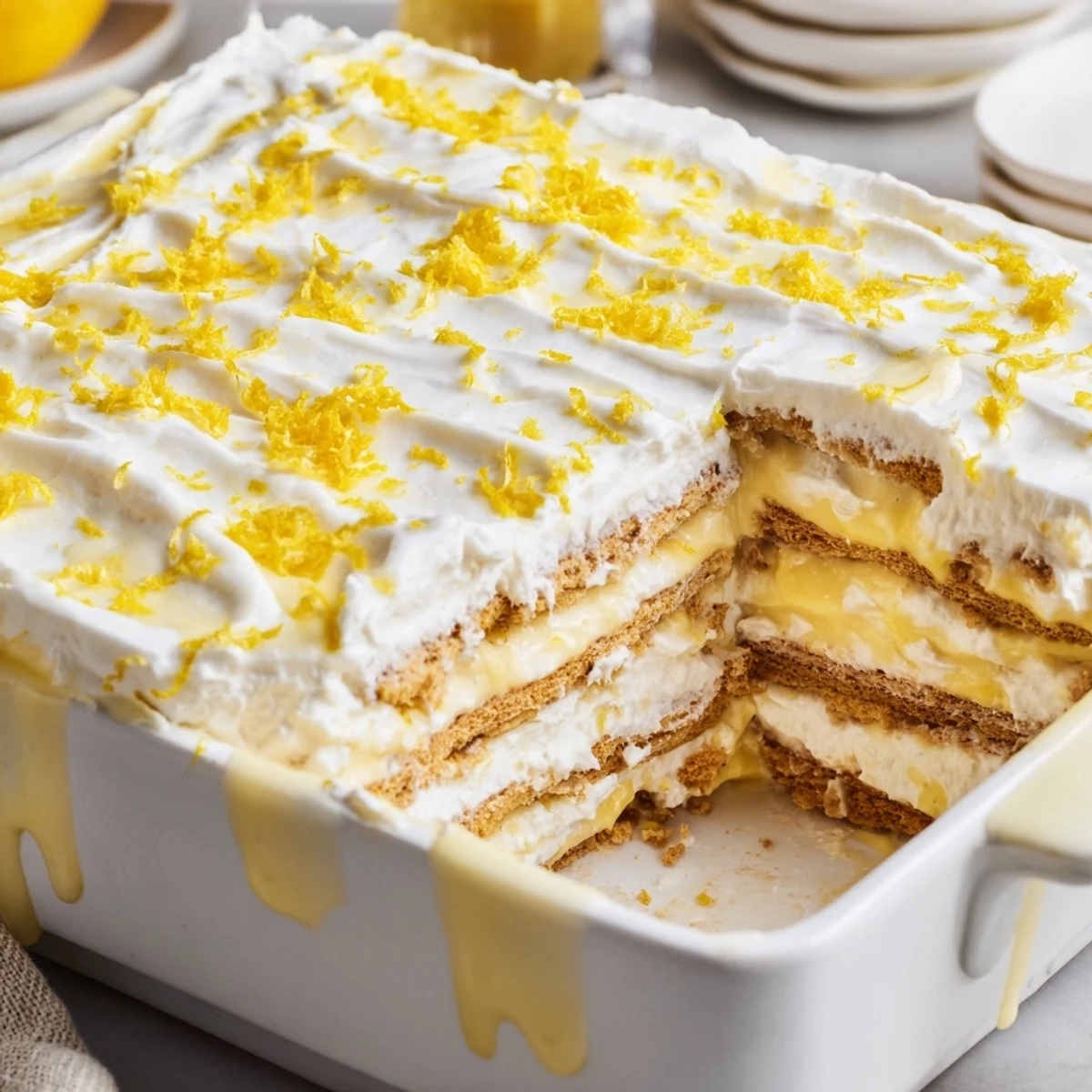No Bake Lemon Eclair Cake served in a glass dish with soft crackers and bright lemon flavor.