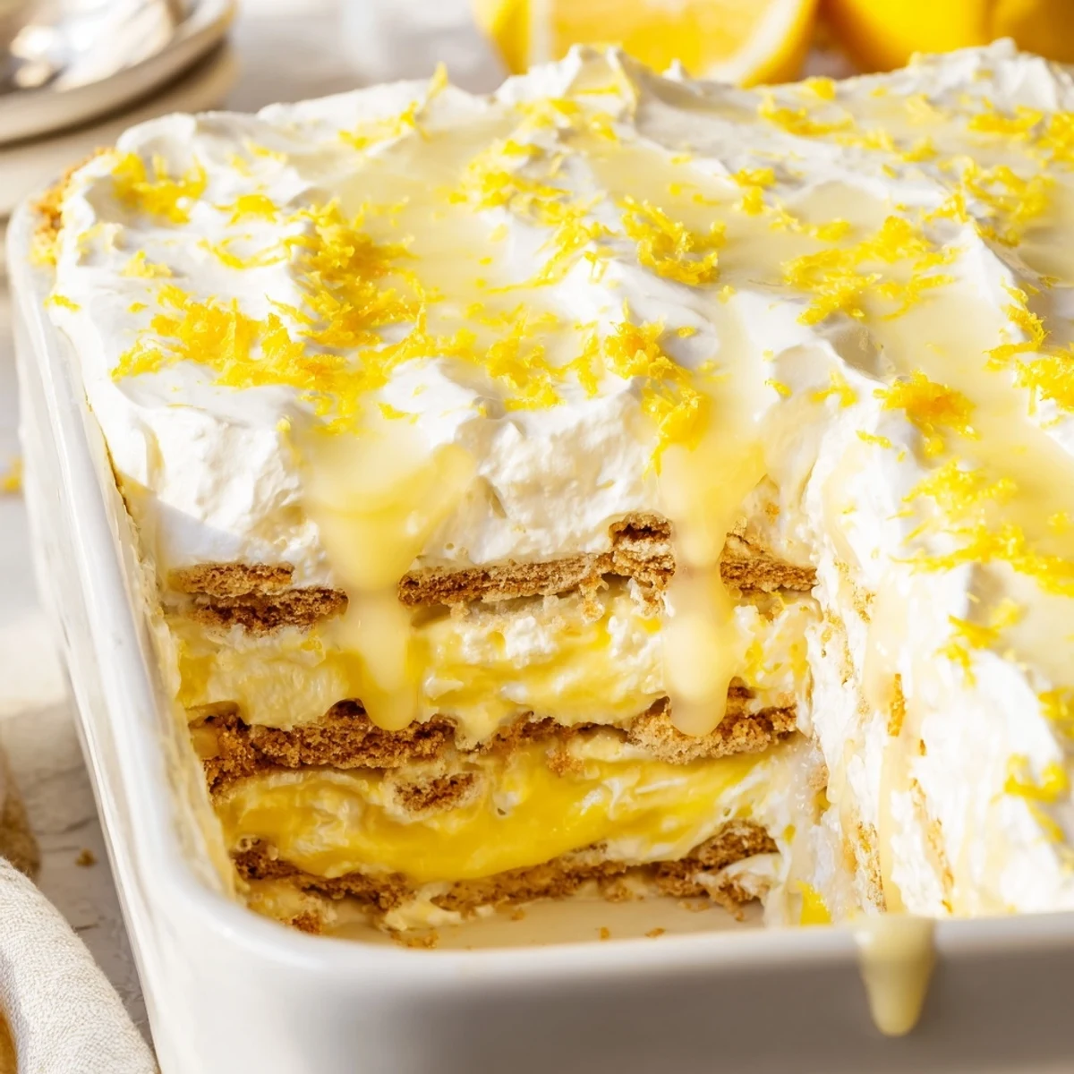 A chilled slice of No Bake Lemon Eclair Cake topped with silky glaze and summer berries.