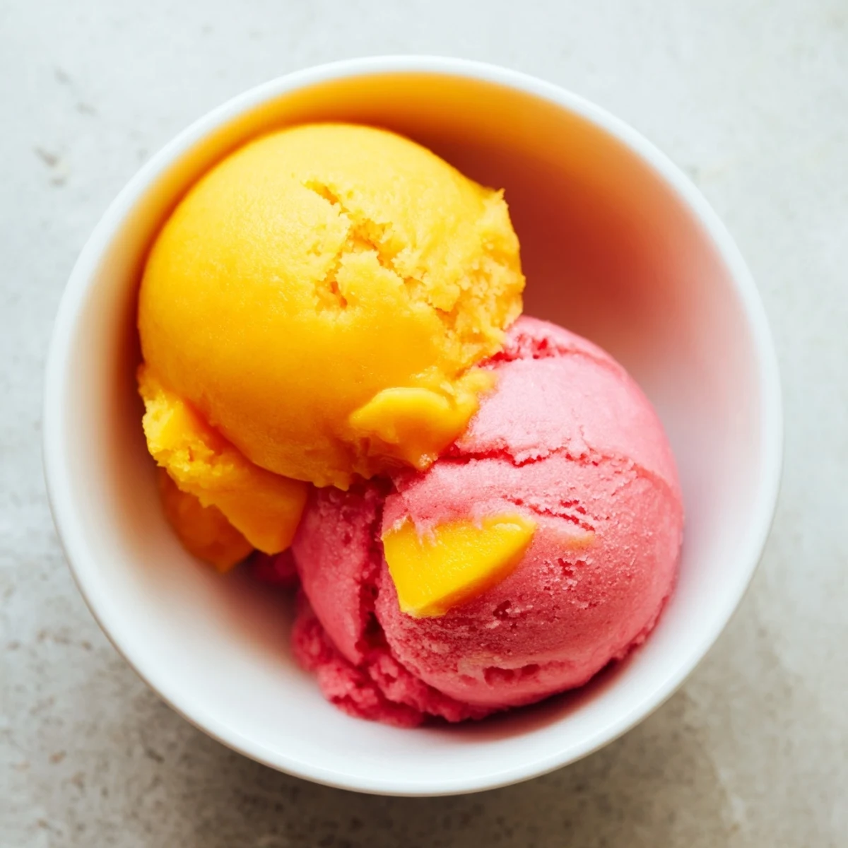 A scoop of Mango Strawberry Sorbet in a glass bowl with fresh mint garnish, glistening with condensation.  