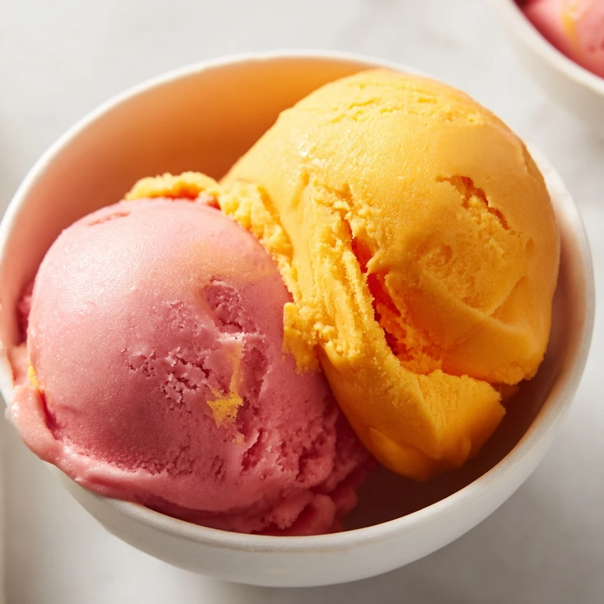 Spoons are ready for Mango Strawberry Sorbet, with lime wedges and mango chunks nearby on a wooden board.