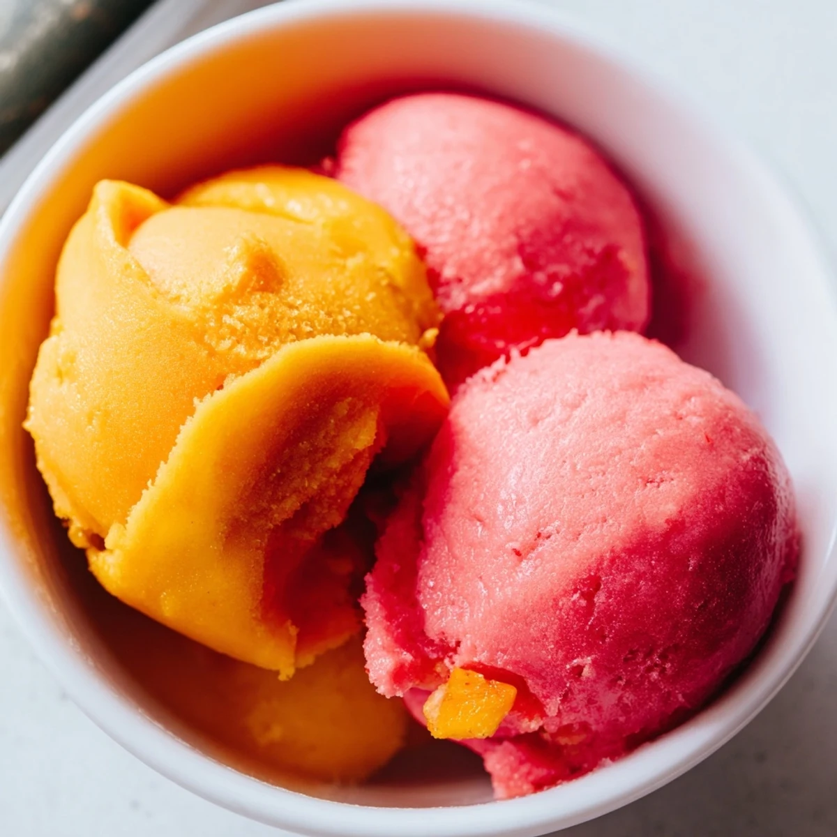 Mango Strawberry Sorbet served in colorful bowls on a summer picnic table, topped with sliced strawberries.  
