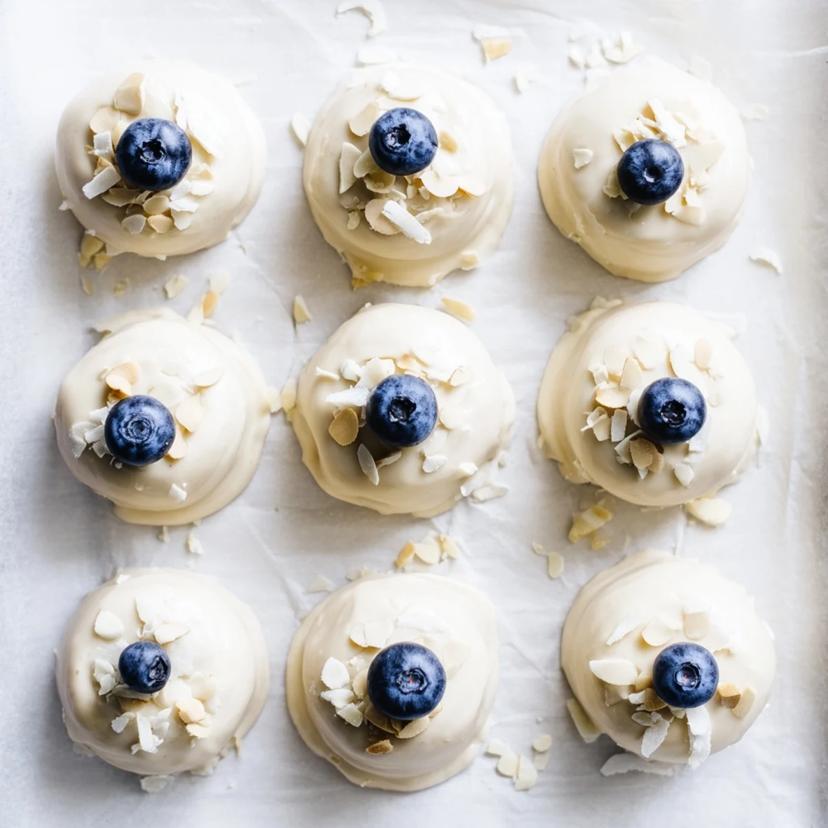 Frozen Blueberry Greek Yogurt Bites topped with shredded coconut on a white plate.