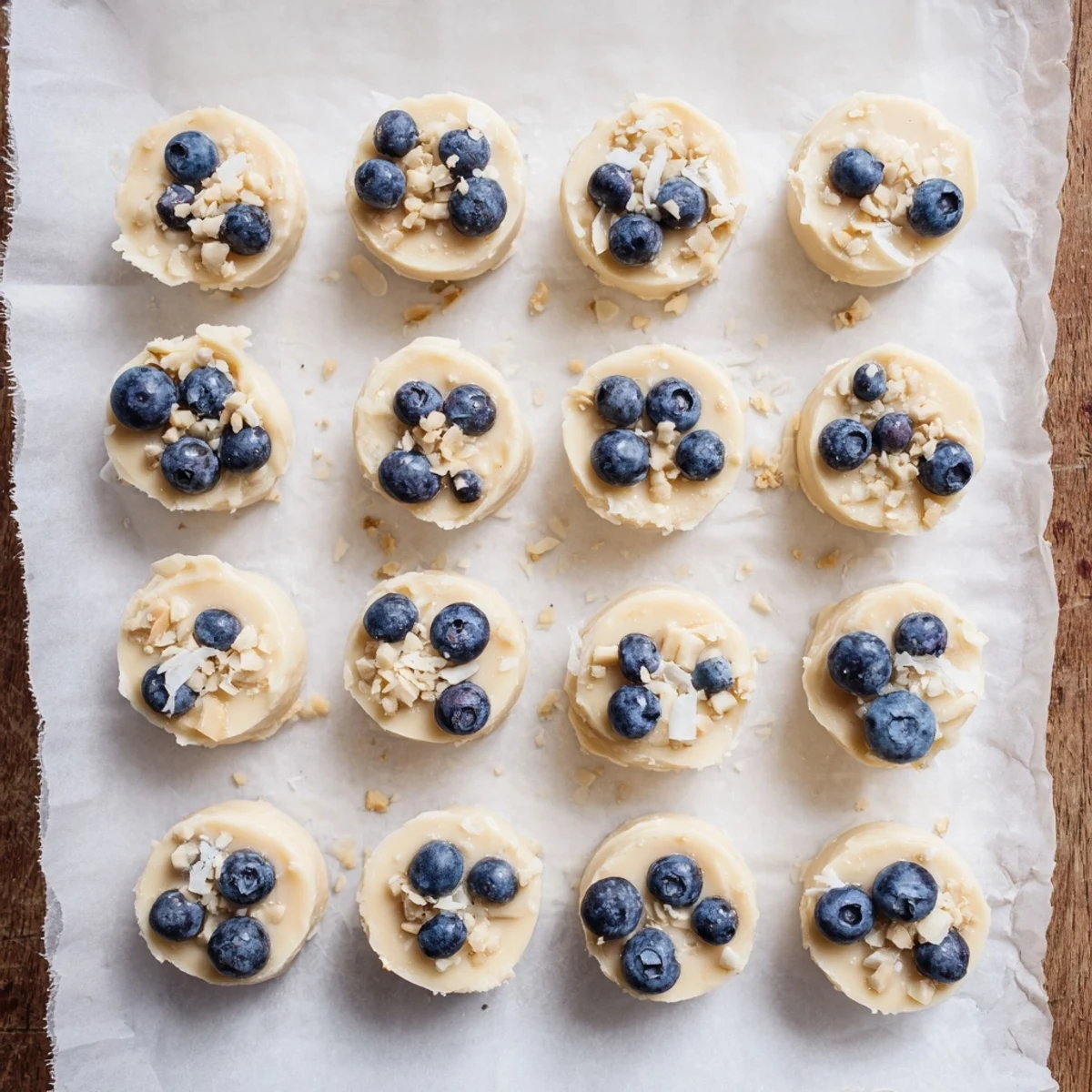 Blueberry Greek Yogurt Bites lined up on a marble counter, perfect for a healthy snack.