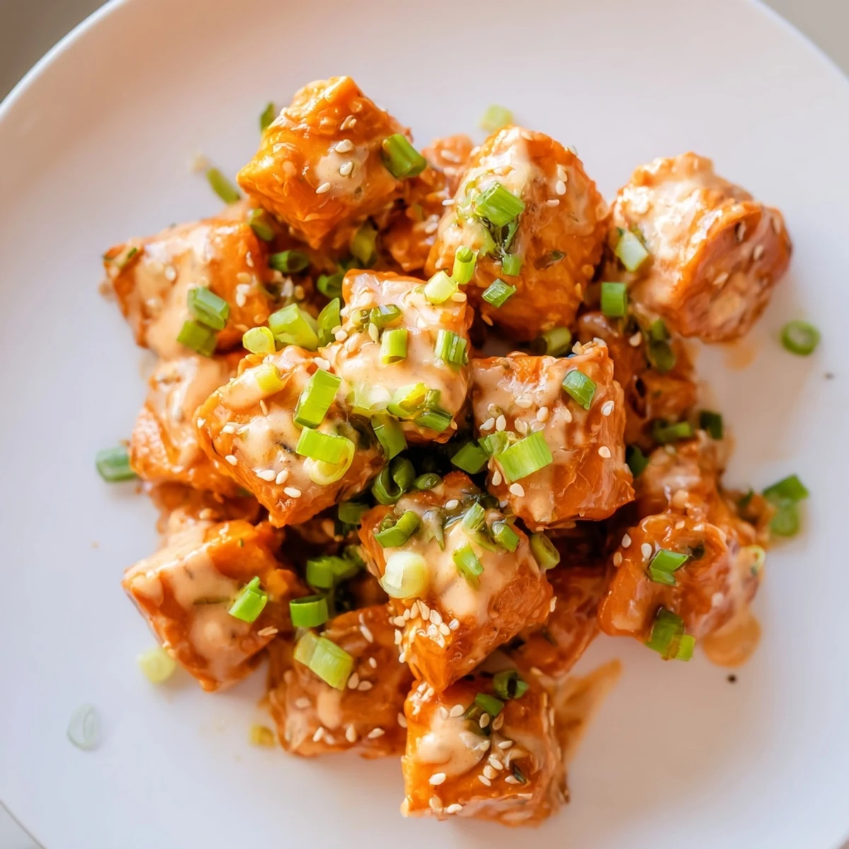Bang Bang Salmon Bites arranged over steamed rice with lime wedges and sesame seeds for serving.