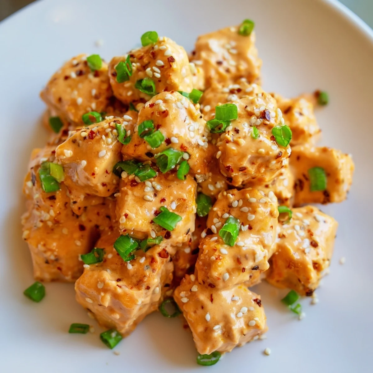 Crispy golden Bang Bang Salmon Bites glistening with creamy spicy sauce and fresh chives on a plate.
