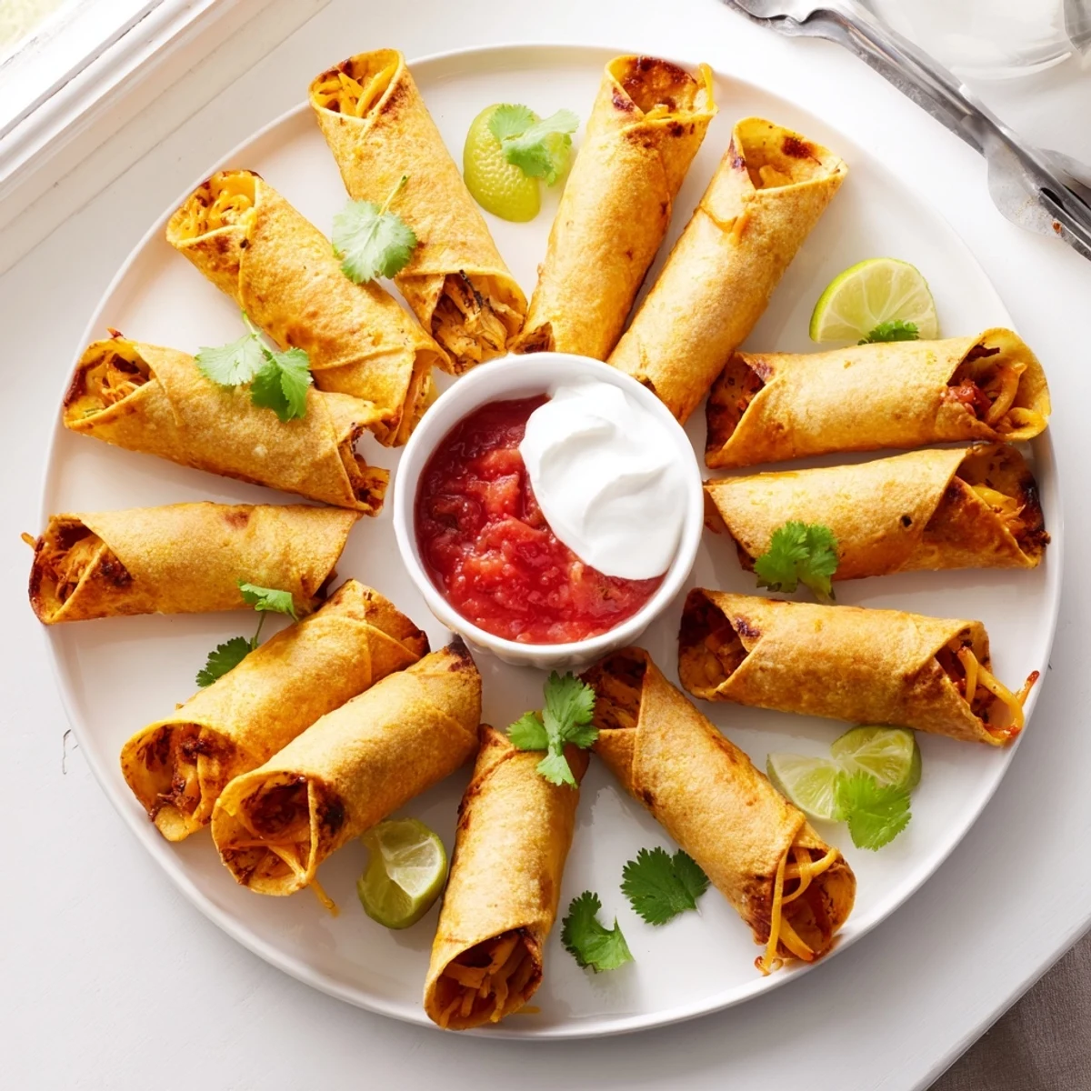 Baked corn tortillas rolled around cheesy chicken filling served with guacamole and fresh salsa