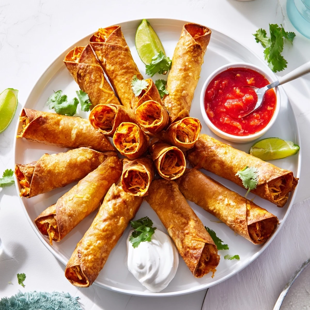 Golden brown crispy chicken taquitos filled with melted cheese and seasoned shredded chicken